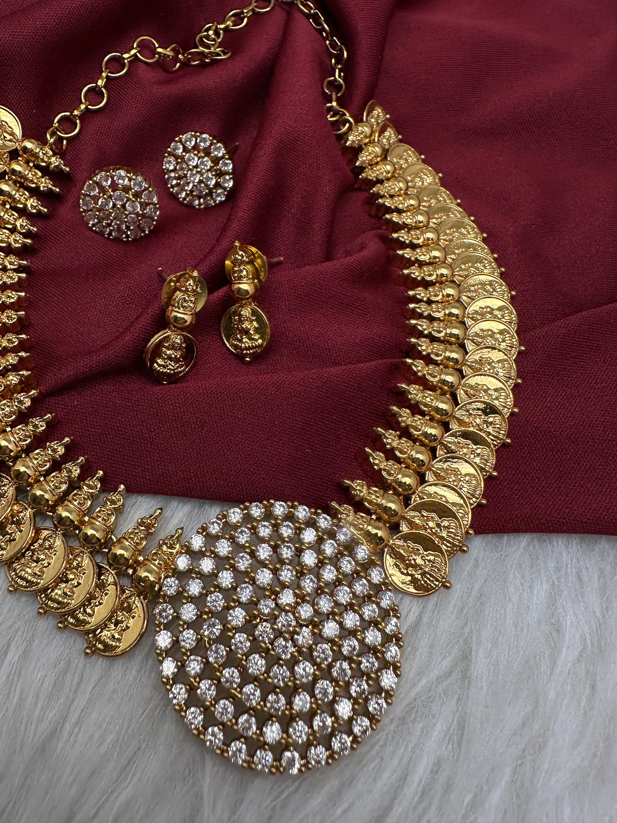 CZ Kassu Coin Gold Finish Short Necklace Comes with 2 Studs - 