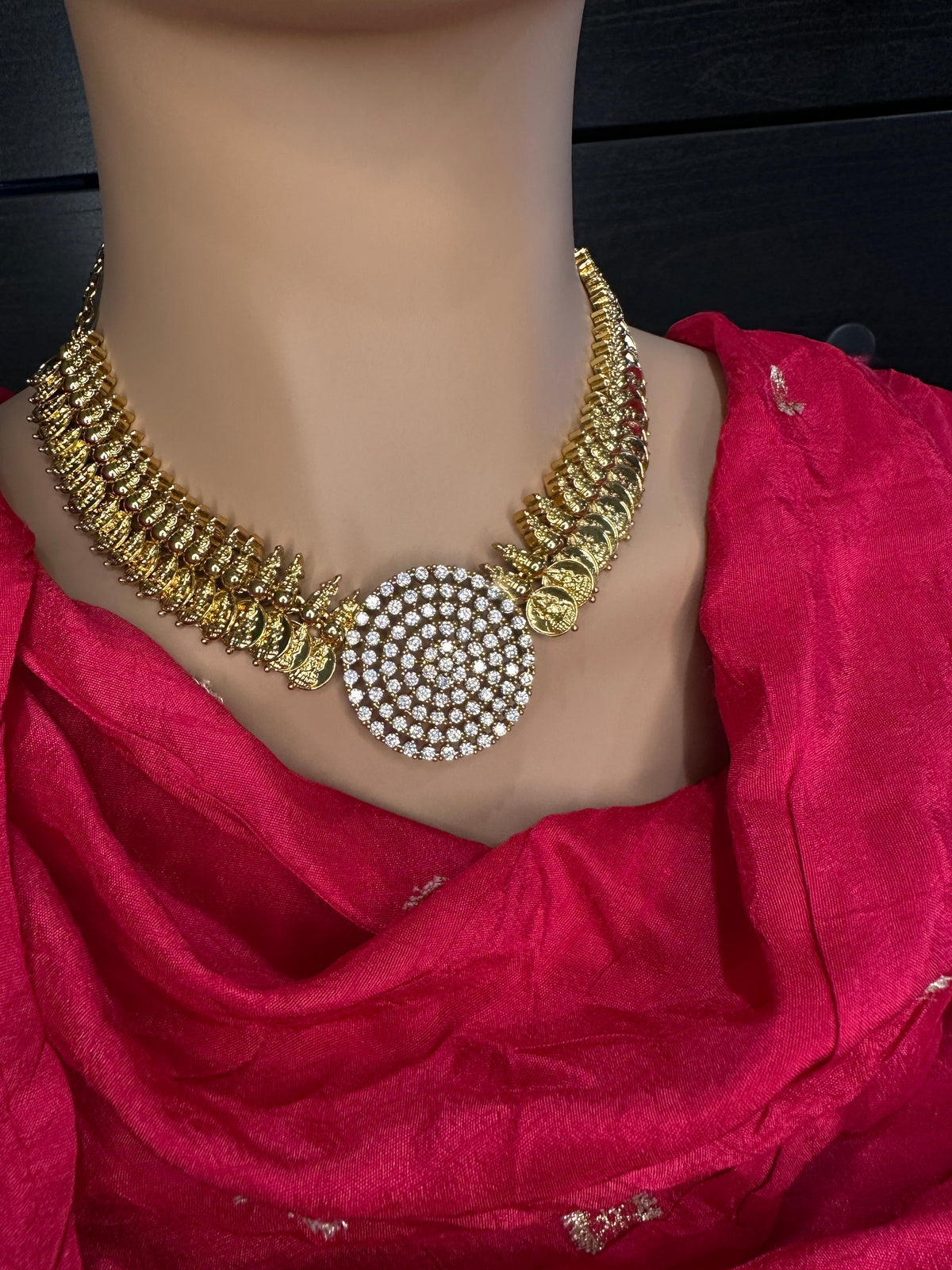 CZ Kassu Coin Gold Finish Short Necklace Comes with 2 Studs - 