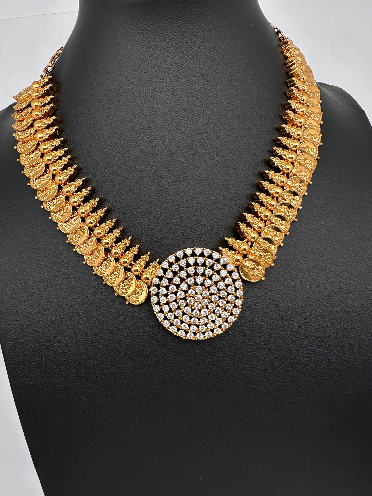 CZ Kassu Coin Gold Finish Short Necklace Comes with 2 Studs - 