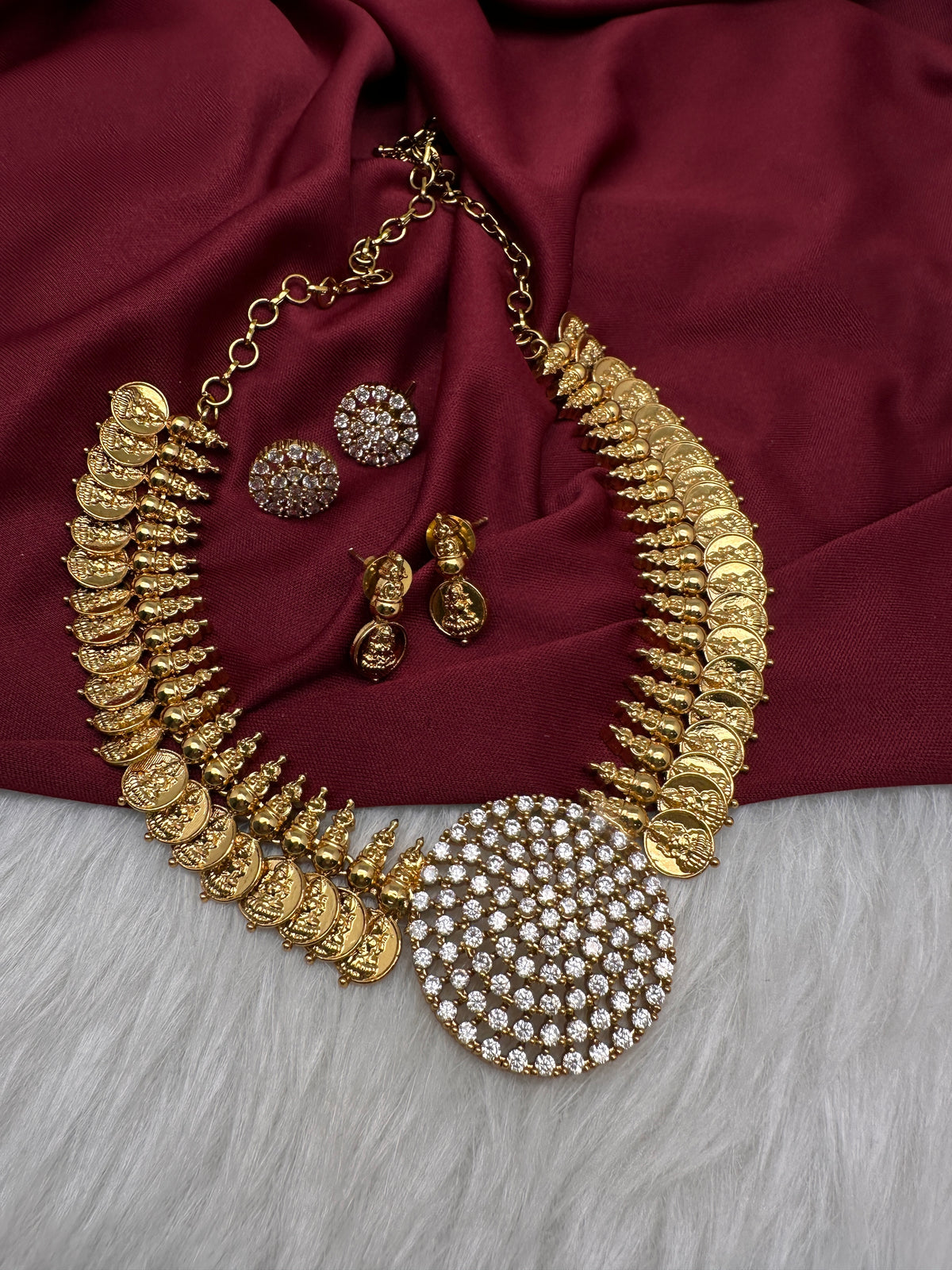 CZ Kassu Coin Gold Finish Short Necklace Comes with 2 Studs - 