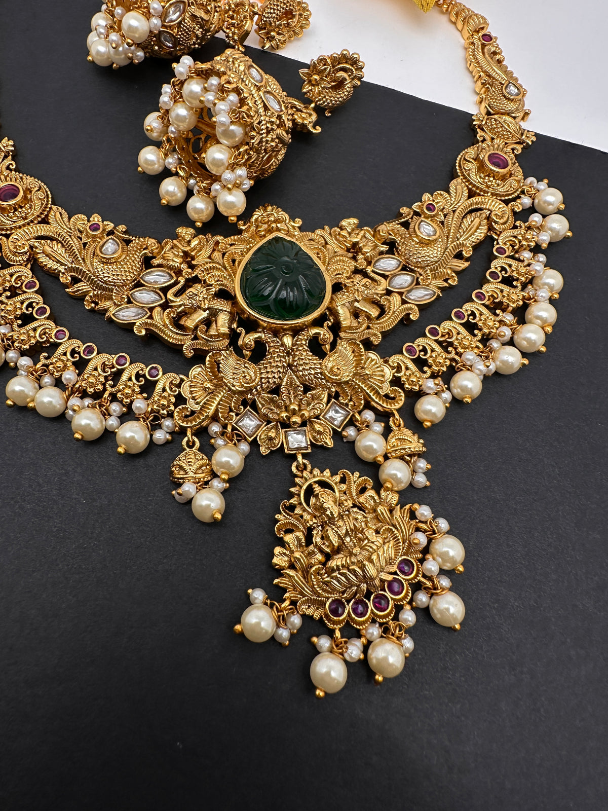 Kundan Green Stone Goddess lakshmi Peacock Short Necklace Comes with Jhumkas - 