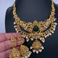 Kundan Green Stone Goddess lakshmi Peacock Short Necklace Comes with Jhumkas - 