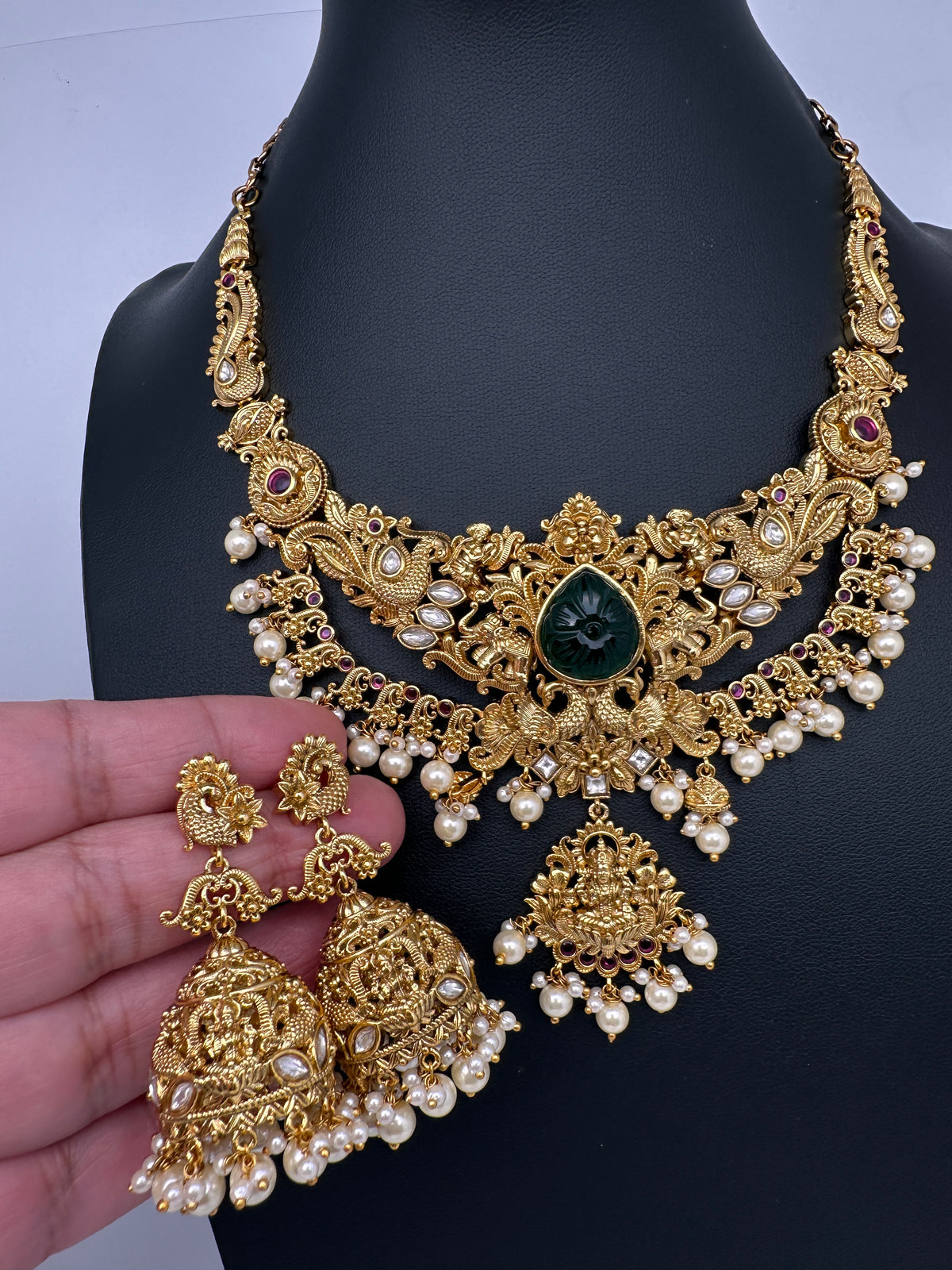 Kundan Green Stone Goddess lakshmi Peacock Short Necklace Comes with Jhumkas - 