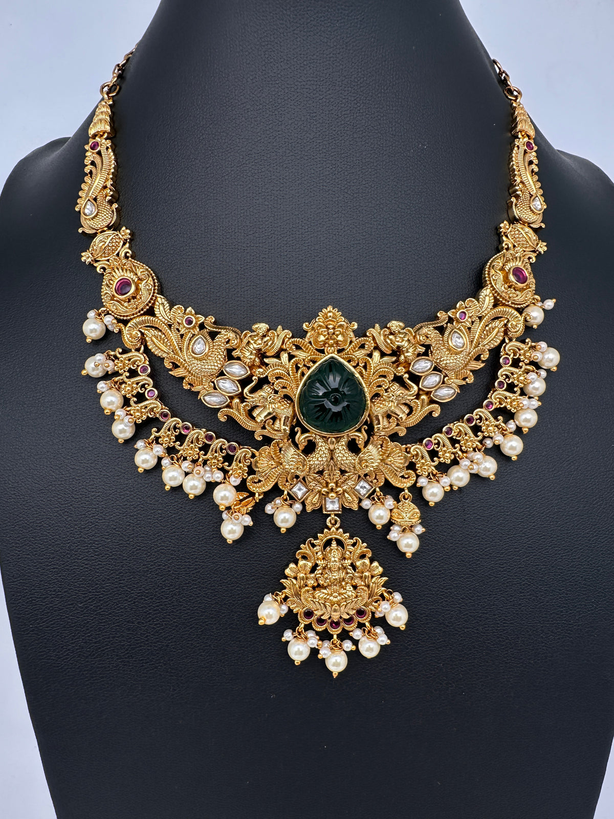 Kundan Green Stone Goddess lakshmi Peacock Short Necklace Comes with Jhumkas - 