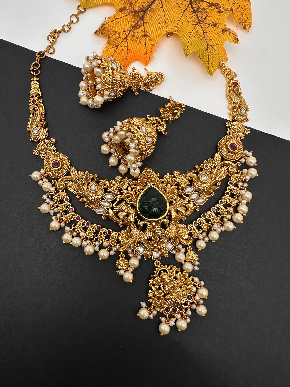 Kundan Green Stone Goddess lakshmi Peacock Short Necklace Comes with Jhumkas - 