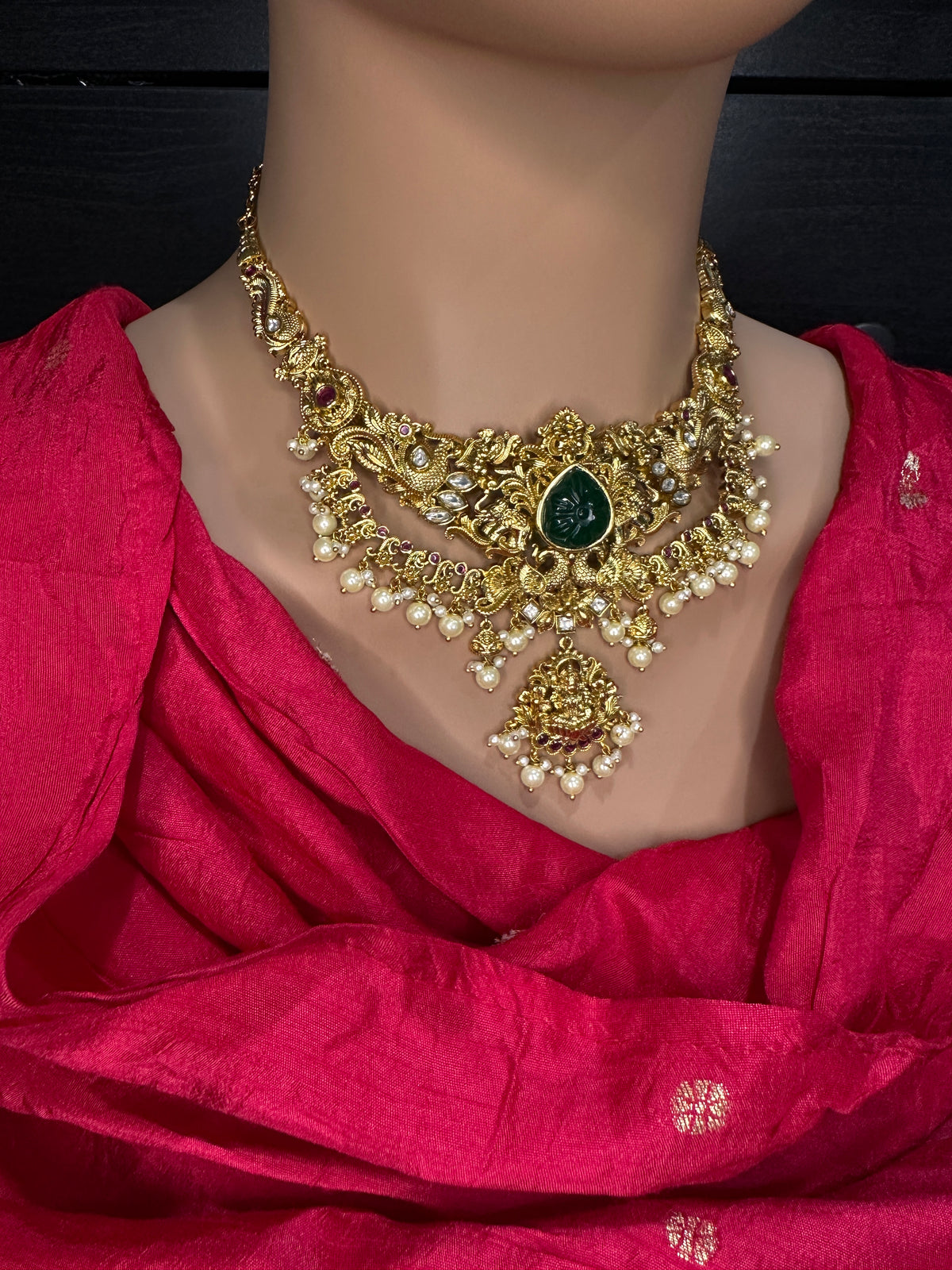 Kundan Green Stone Goddess lakshmi Peacock Short Necklace Comes with Jhumkas - 