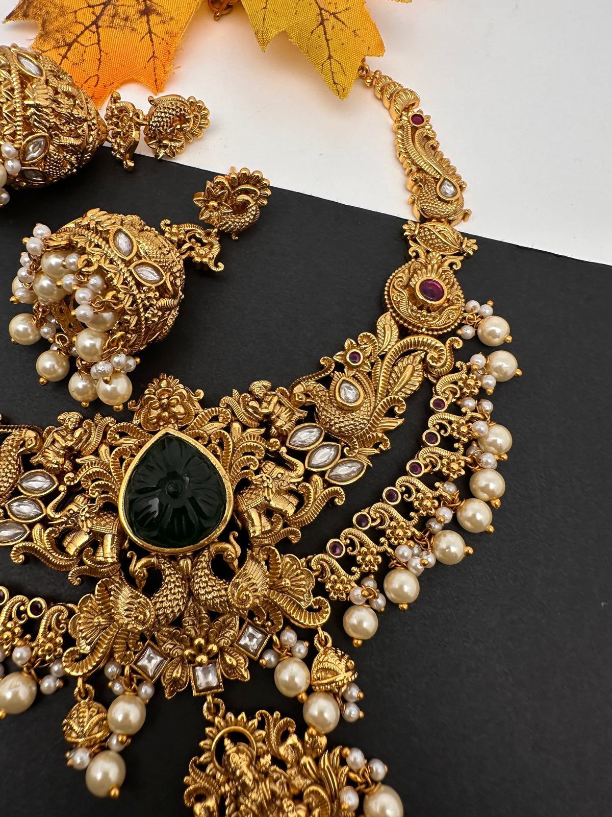 Kundan Green Stone Goddess lakshmi Peacock Short Necklace Comes with Jhumkas - 