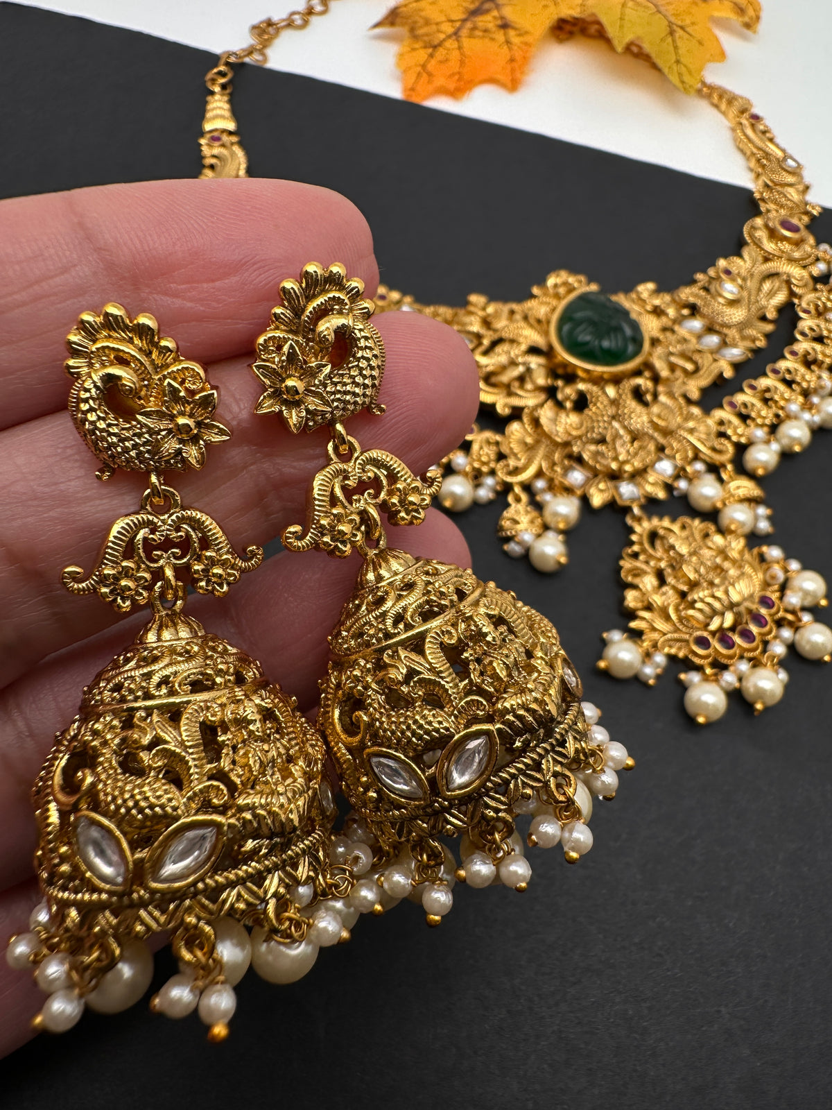 Kundan Green Stone Goddess lakshmi Peacock Short Necklace Comes with Jhumkas - 