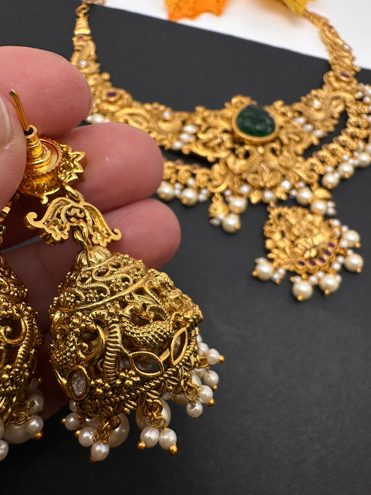 Kundan Green Stone Goddess lakshmi Peacock Short Necklace Comes with Jhumkas - 