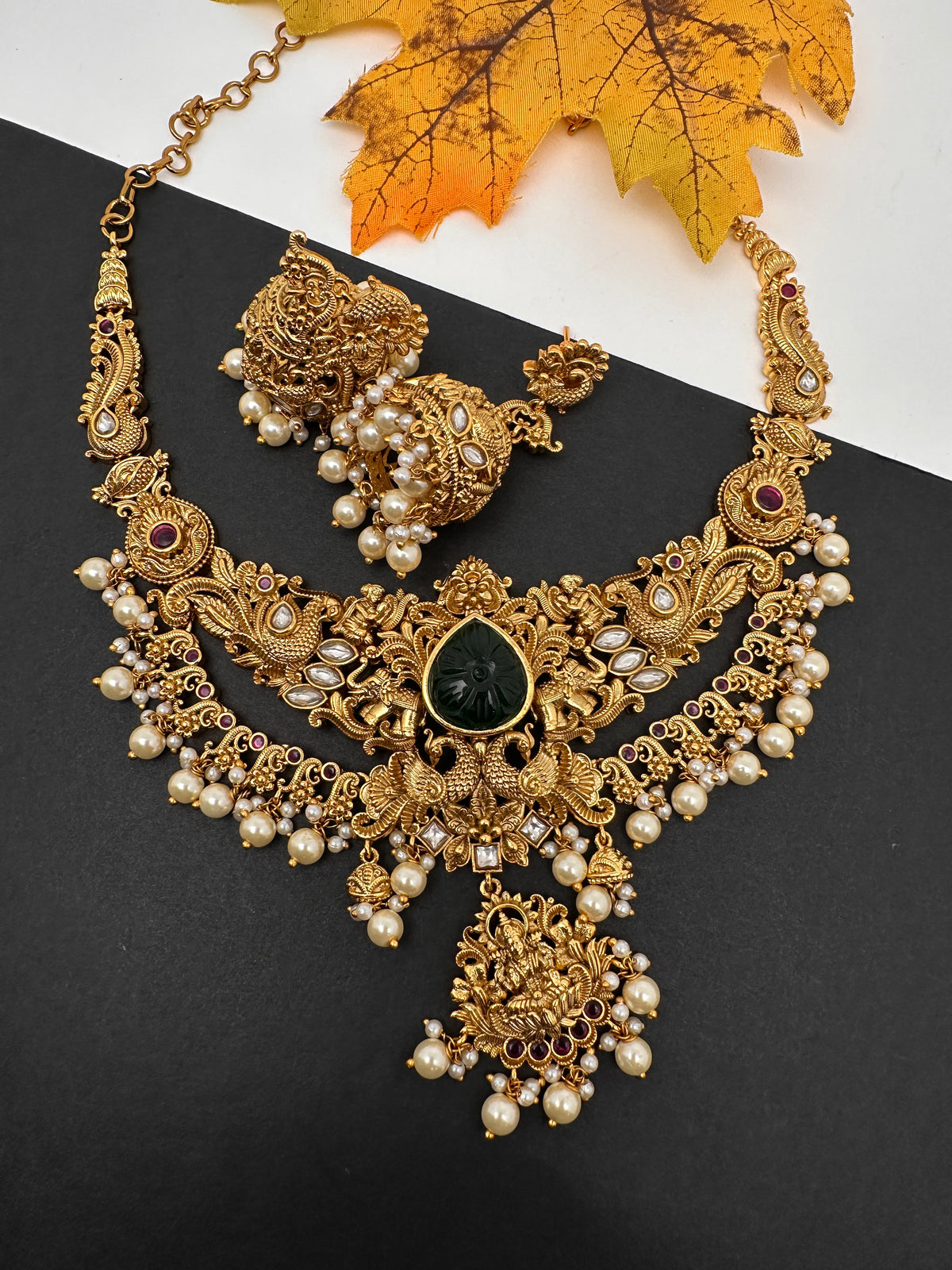 Kundan Green Stone Goddess lakshmi Peacock Short Necklace Comes with Jhumkas - 