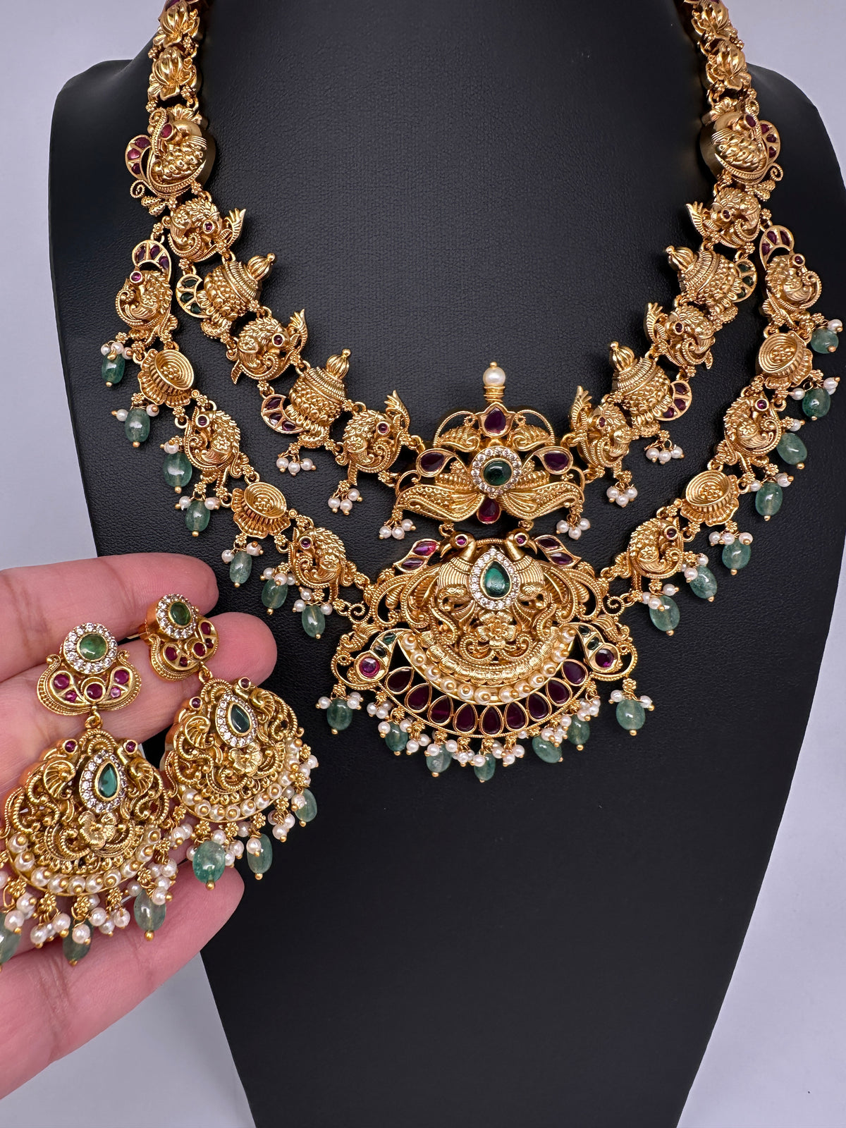 Peacock Matte Double Layer Short Necklace Set - TJS000910