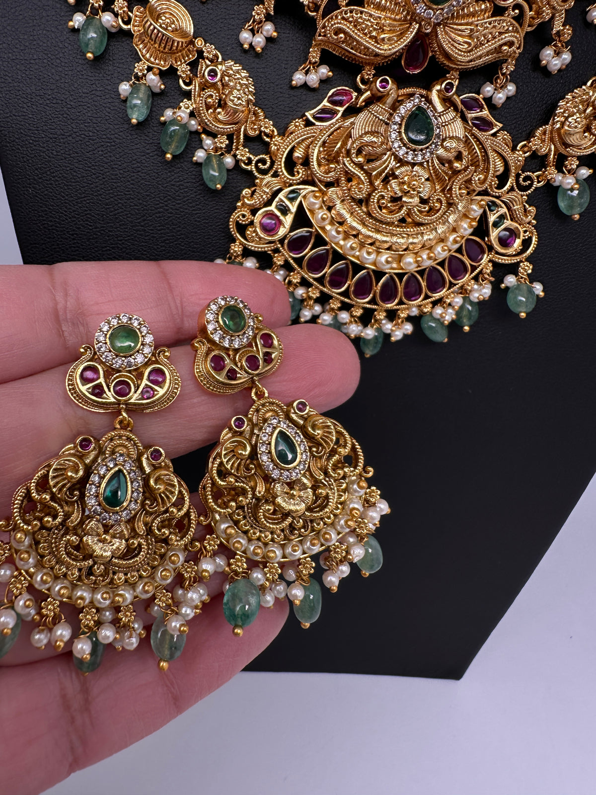 Peacock Matte Double Layer Short Necklace Set - TJS000910