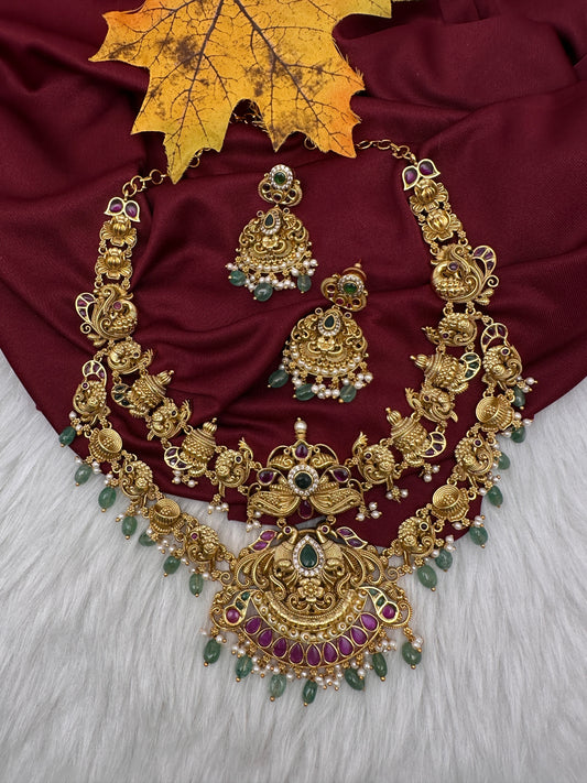 Peacock Matte Double Layer Short Necklace Set - TJS000910