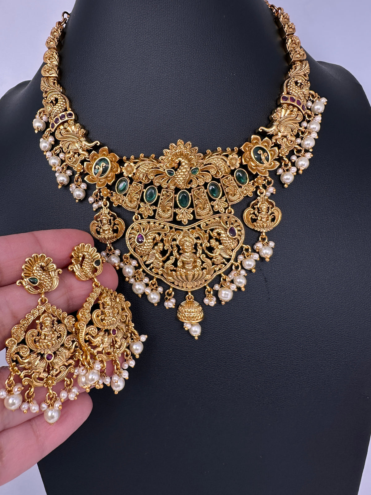 Goddess Lakshmi Peacock Elephant Short Necklace Set - TJS000911