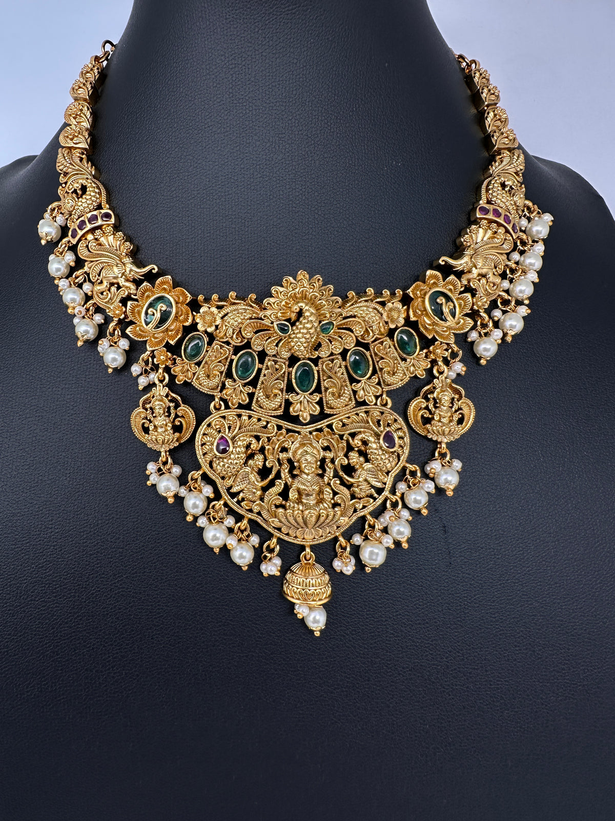 Goddess Lakshmi Peacock Elephant Short Necklace Set - TJS000911