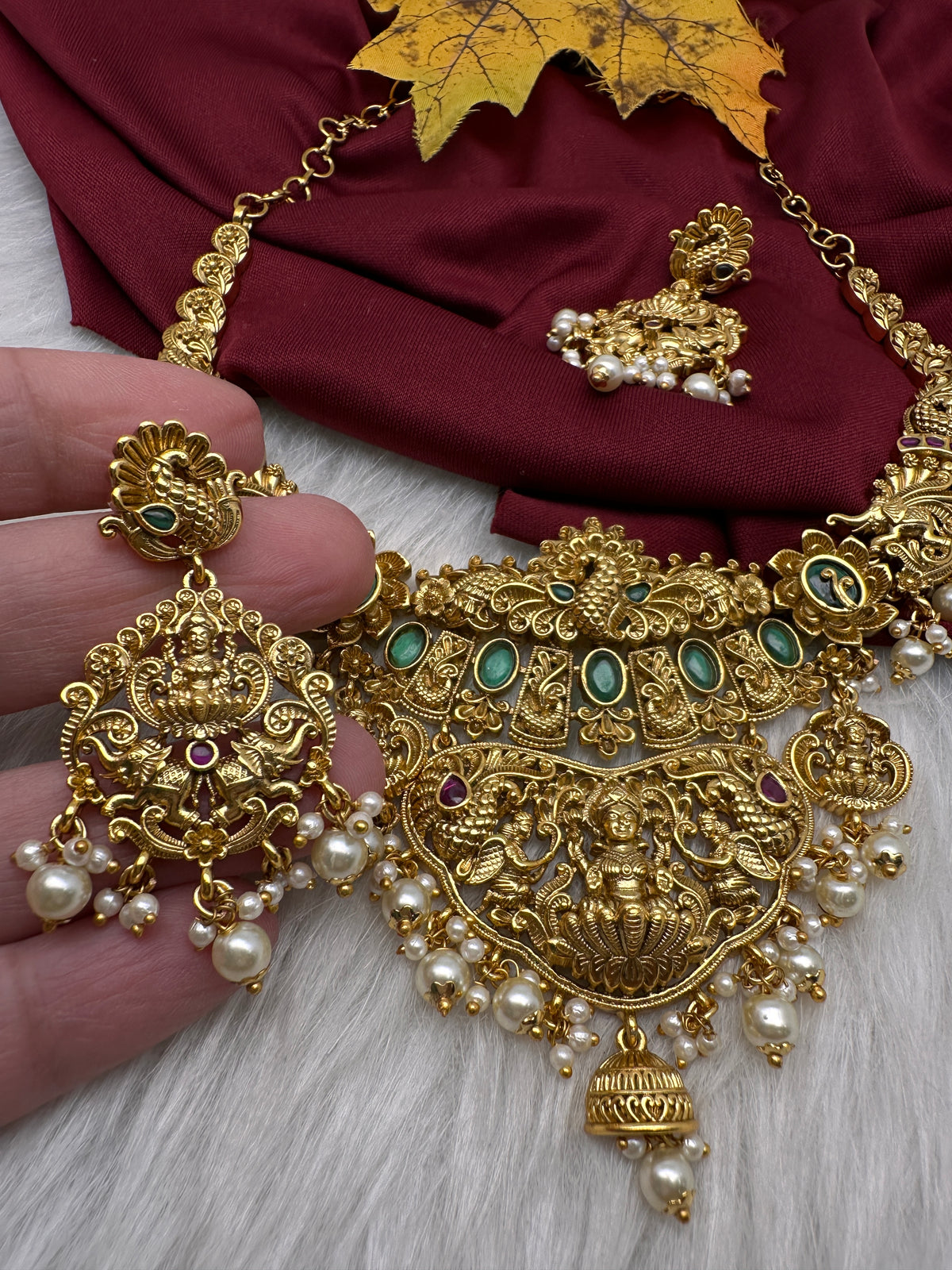 Goddess Lakshmi Peacock Elephant Short Necklace Set - TJS000911