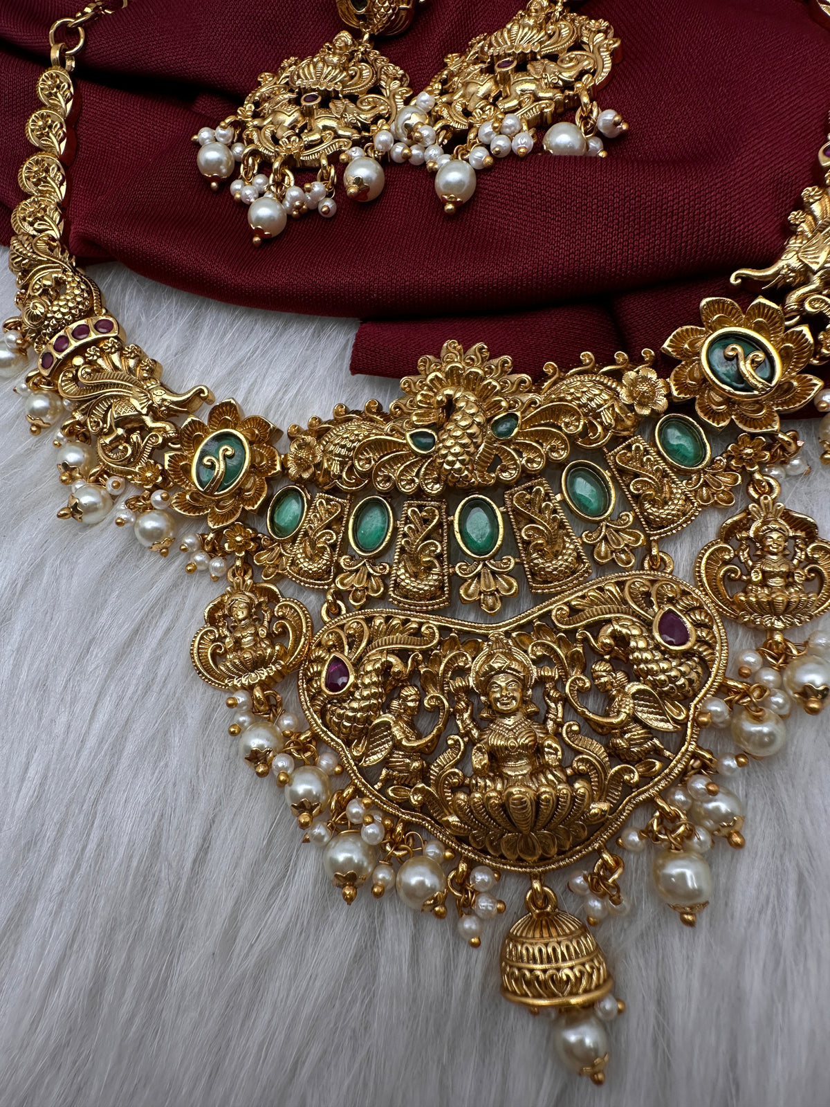 Goddess Lakshmi Peacock Elephant Short Necklace Set - TJS000911