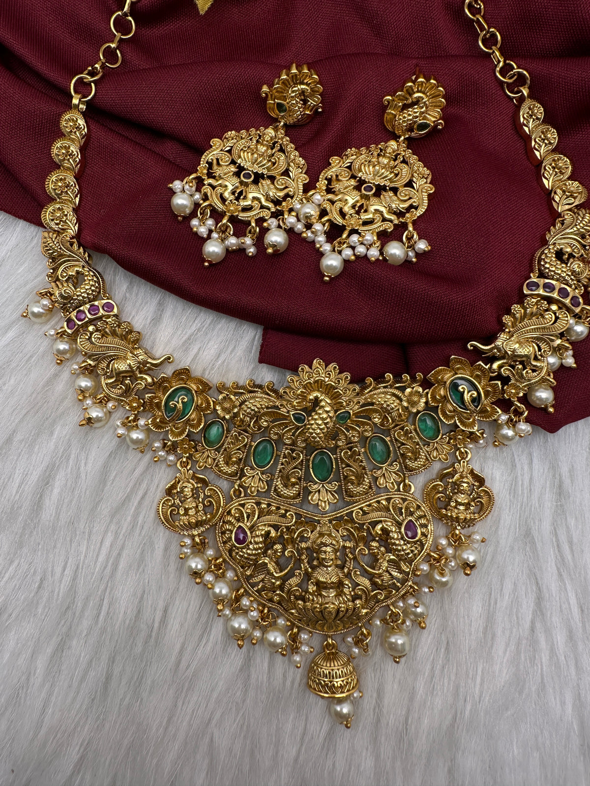 Goddess Lakshmi Peacock Elephant Short Necklace Set - TJS000911