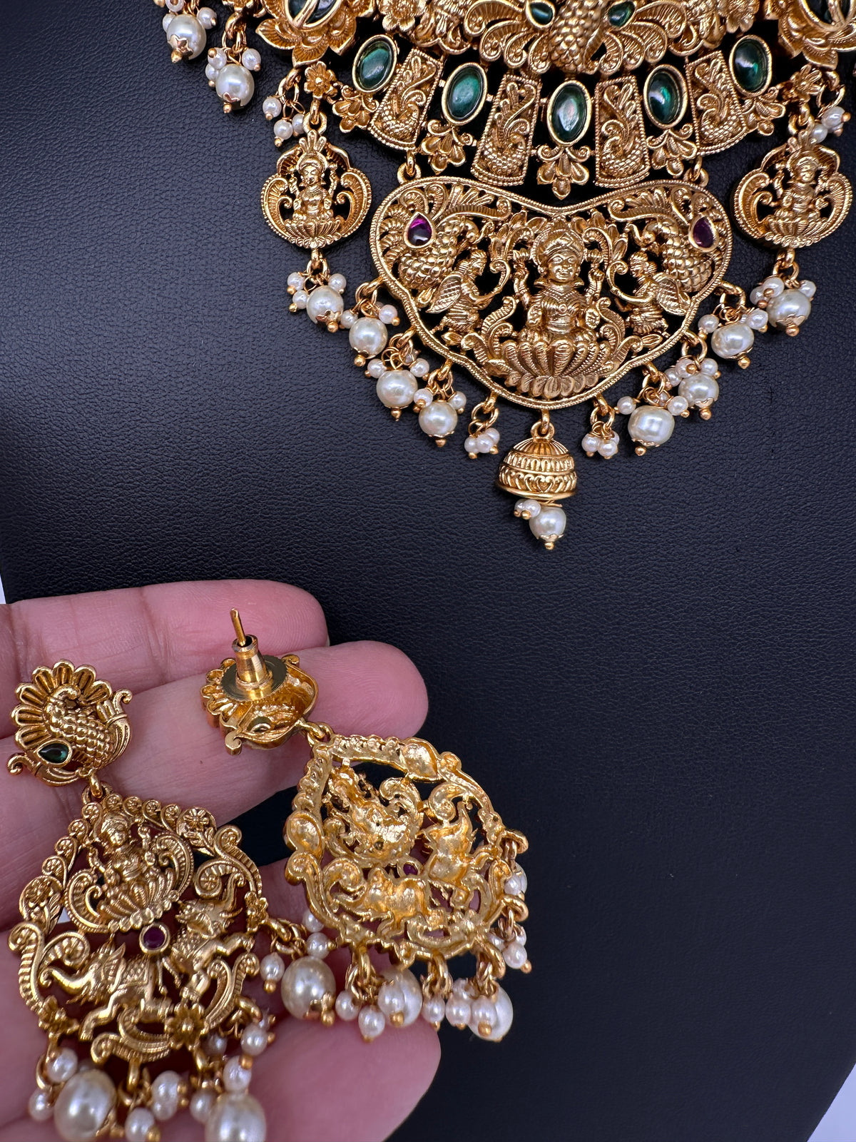 Goddess Lakshmi Peacock Elephant Short Necklace Set - TJS000911