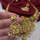 Goddess Lakshmi Peacock Elephant Short Necklace Set - TJS000911
