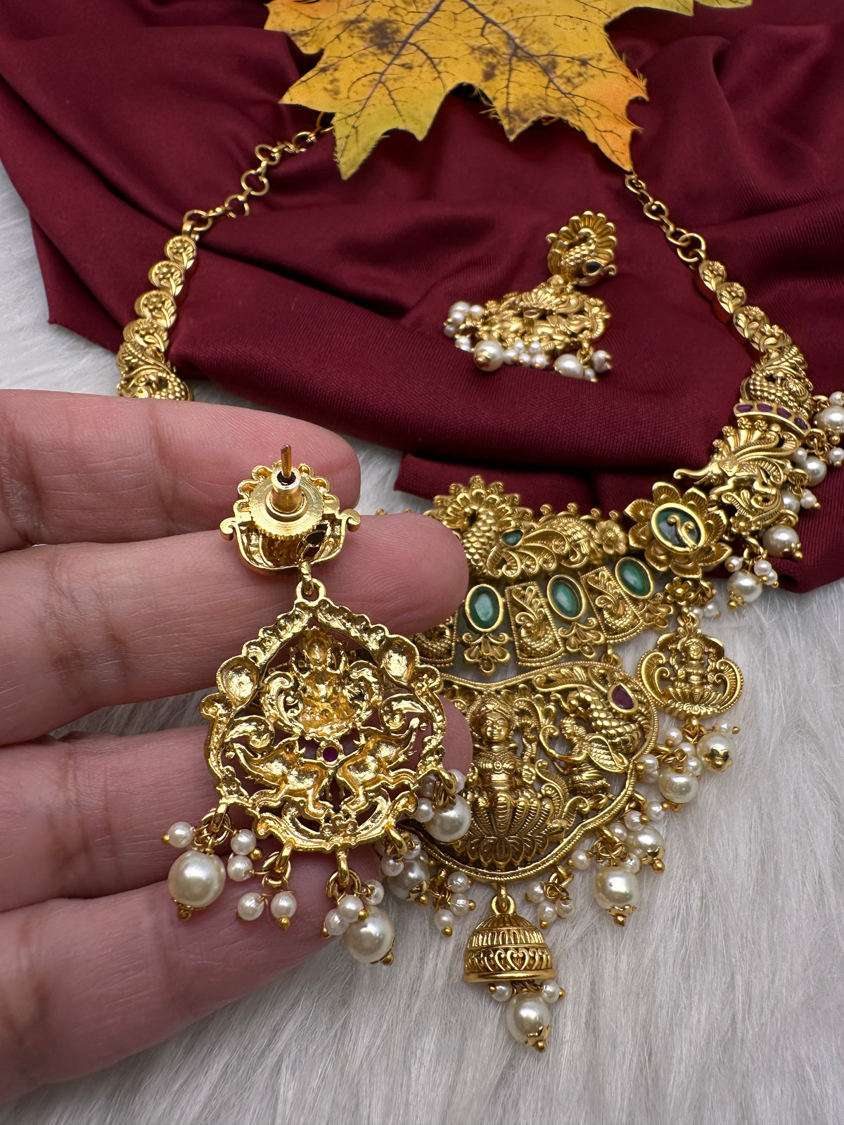 Goddess Lakshmi Peacock Elephant Short Necklace Set - TJS000911