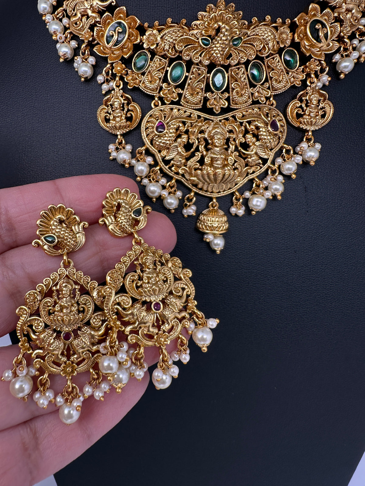 Goddess Lakshmi Peacock Elephant Short Necklace Set - TJS000911