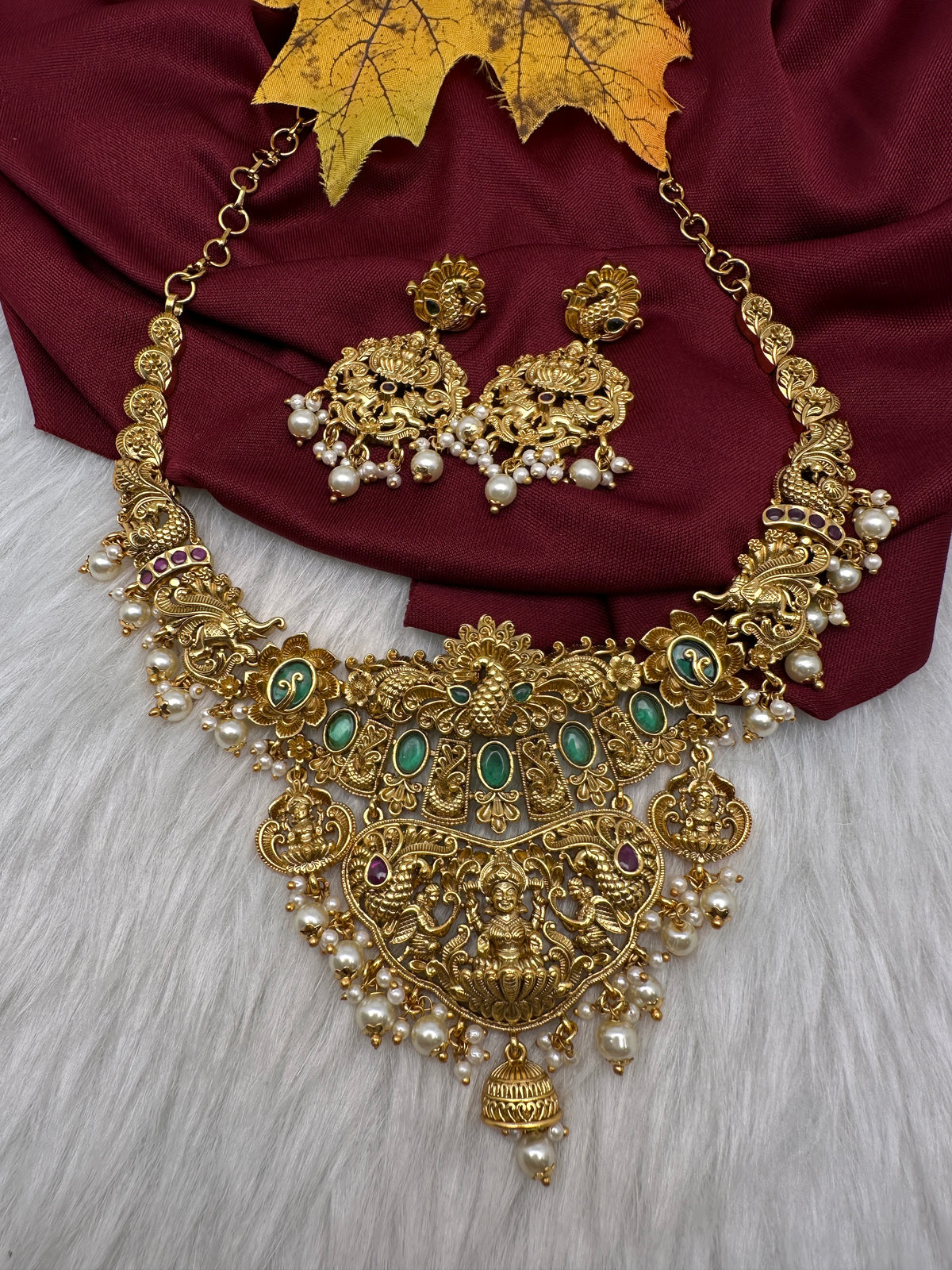 Goddess Lakshmi Peacock Elephant Short Necklace Set - TJS000911