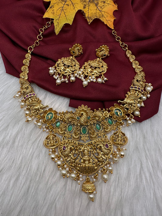 Goddess Lakshmi Peacock Elephant Short Necklace Set - TJS000911