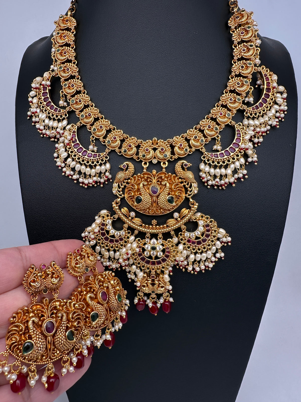 Peacock Chandbali Matte Short Necklace Set - TJS000913