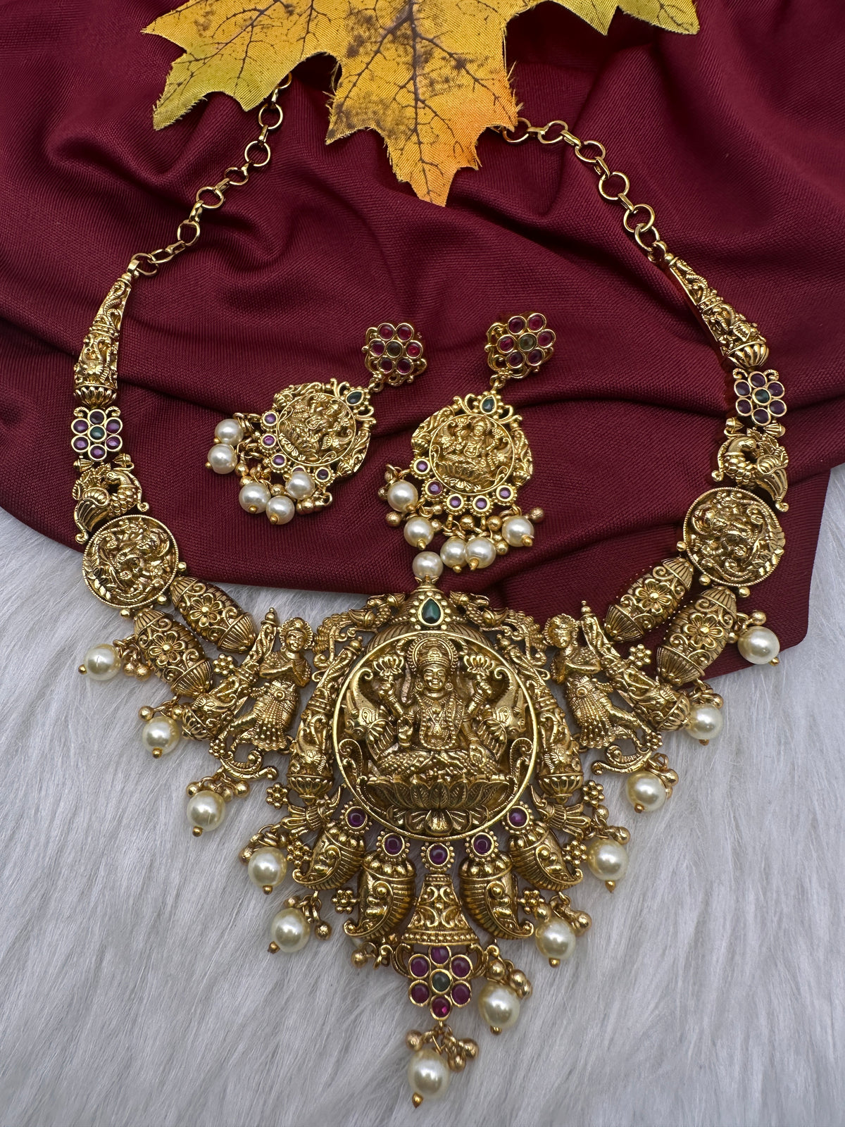 Goddess Lakshmi Matte Short Necklace Set - TJS000914