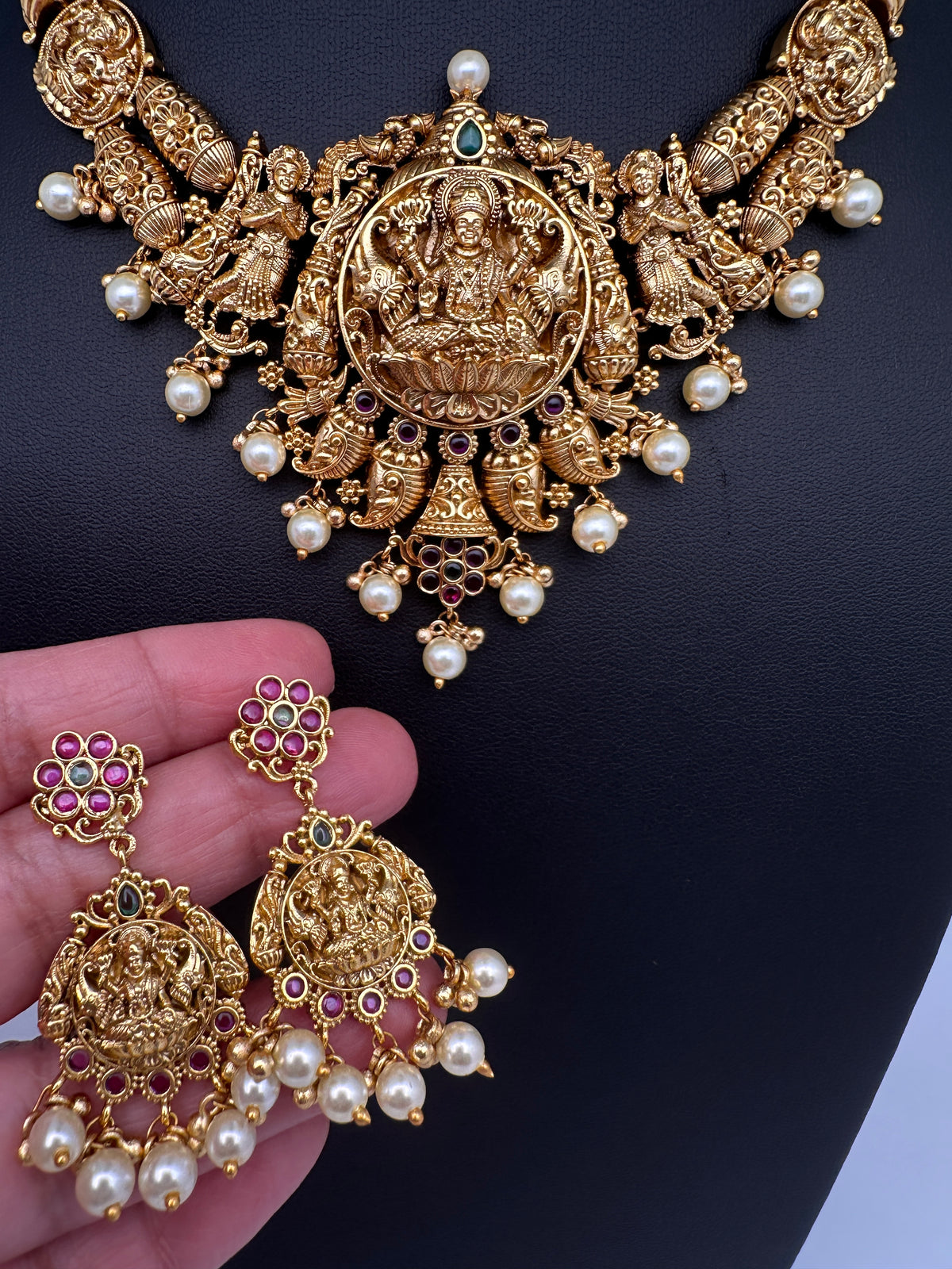 Goddess Lakshmi Matte Short Necklace Set - TJS000914