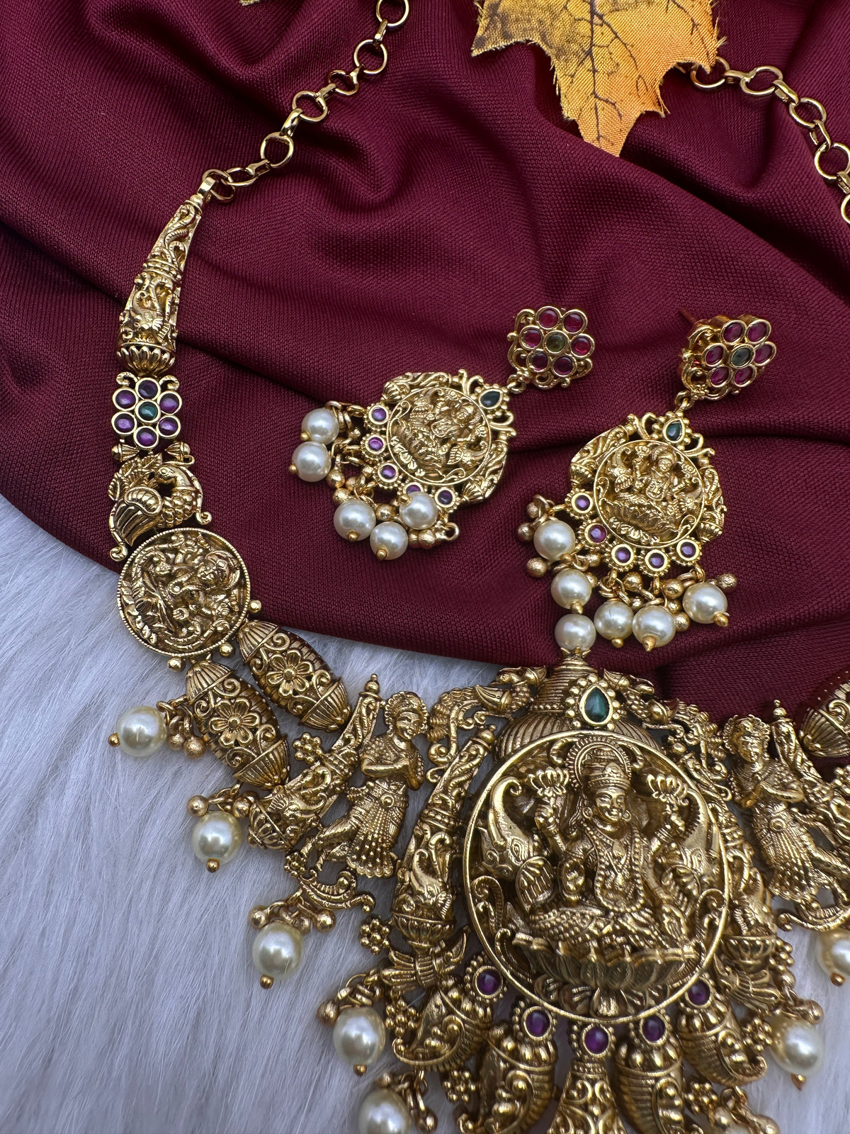 Goddess Lakshmi Matte Short Necklace Set - TJS000914