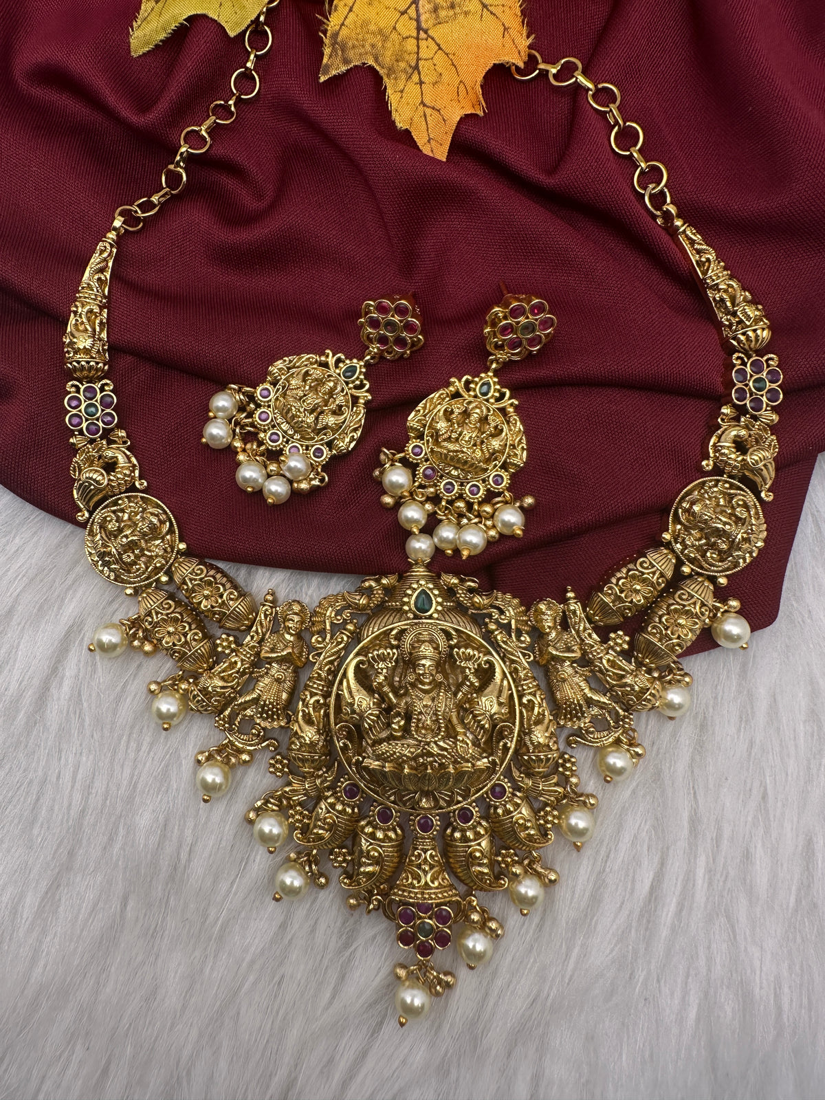 Goddess Lakshmi Matte Short Necklace Set - TJS000914