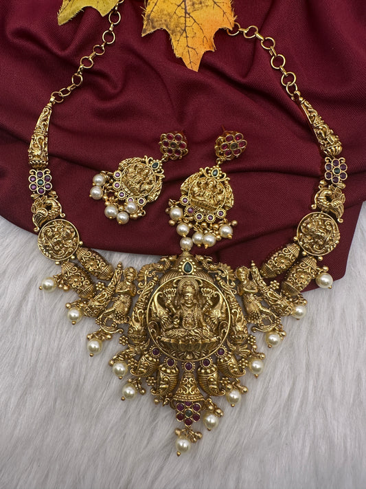 Goddess Lakshmi Matte Short Necklace Set - TJS000914