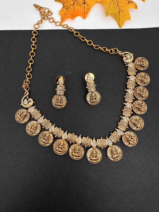 Goddess Lakshmi Antique Kassu Necklace Short Necklace - TJS000915