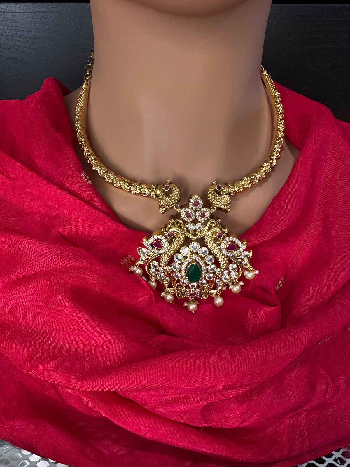 Moissanite CZ Matte Traditional Kanthi Short Necklace with Chandbali Set with Earrings - TJS000918