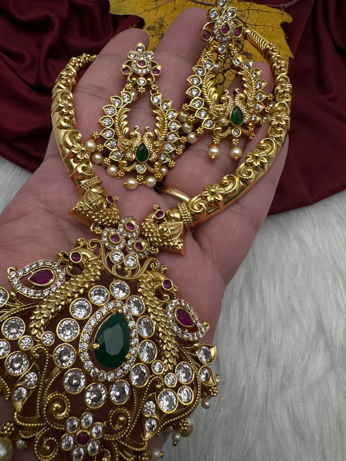 Moissanite CZ Matte Traditional Kanthi Short Necklace with Chandbali Set with Earrings - TJS000918