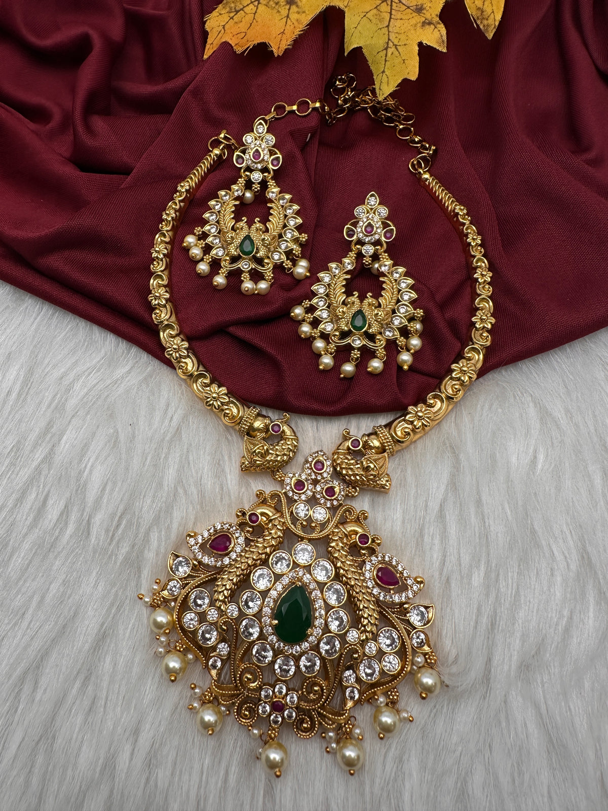 Moissanite CZ Matte Traditional Kanthi Short Necklace with Chandbali Set with Earrings - TJS000918
