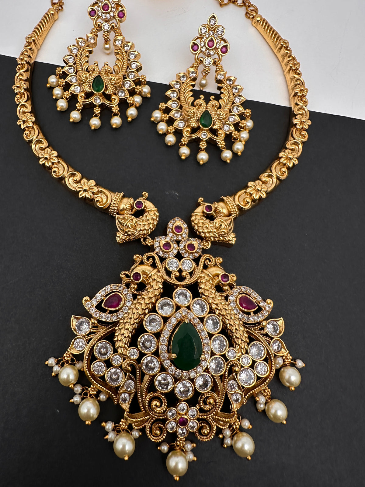Moissanite CZ Matte Traditional Kanthi Short Necklace with Chandbali Set with Earrings - TJS000918