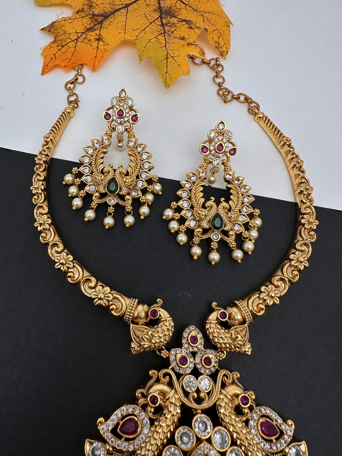 Moissanite CZ Matte Traditional Kanthi Short Necklace with Chandbali Set with Earrings - TJS000918