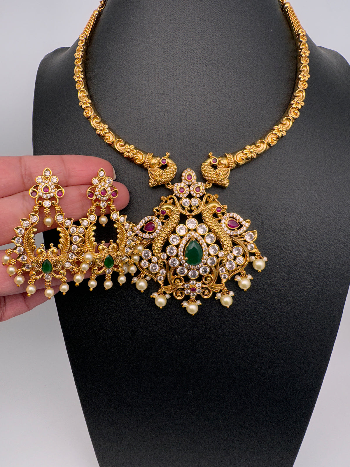 Moissanite CZ Matte Traditional Kanthi Short Necklace with Chandbali Set with Earrings - TJS000918