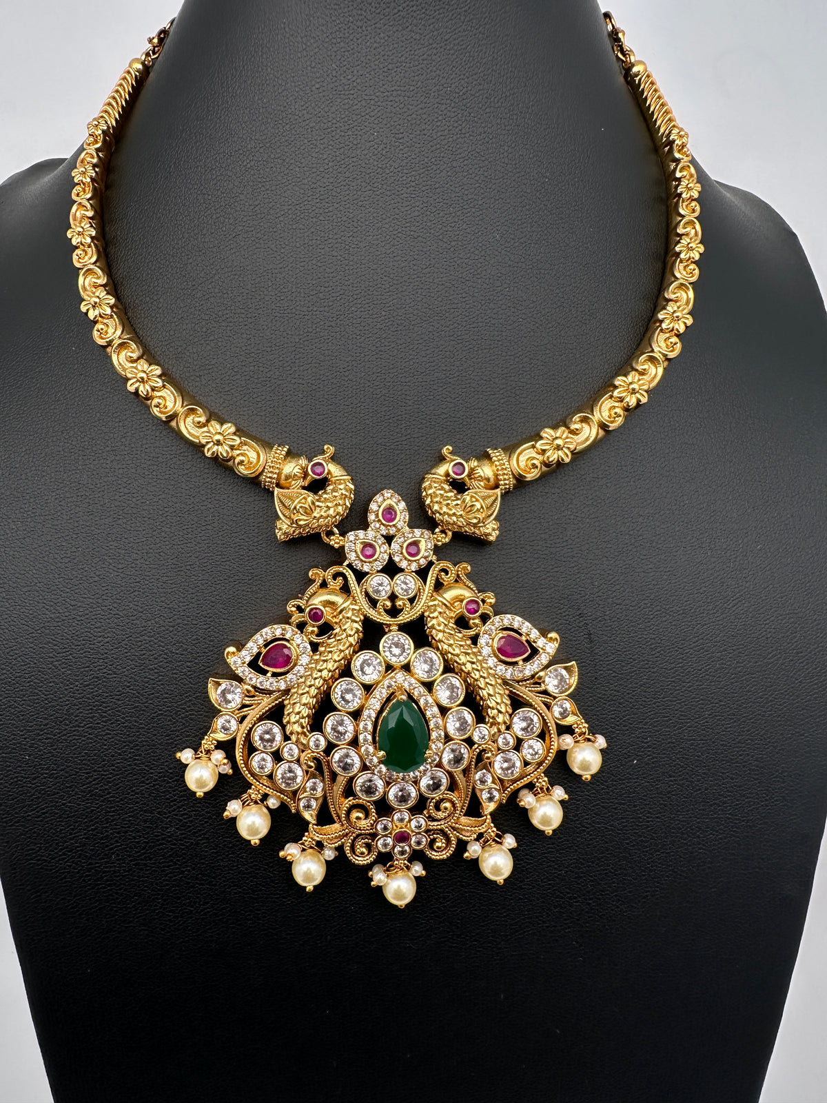 Moissanite CZ Matte Traditional Kanthi Short Necklace with Chandbali Set with Earrings - TJS000918