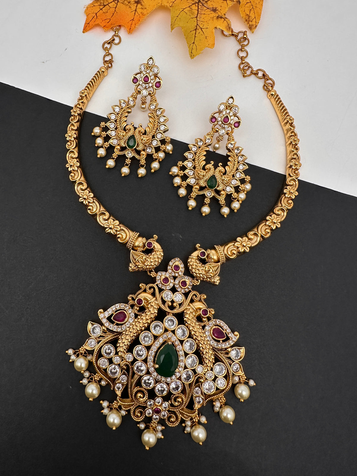 Moissanite CZ Matte Traditional Kanthi Short Necklace with Chandbali Set with Earrings - TJS000918