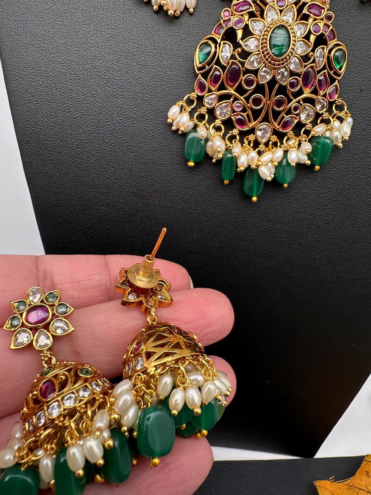 Rice Pearls Kempu Guttapusalu Short Necklace with Jhumkas Set with Earrings - TJS000919