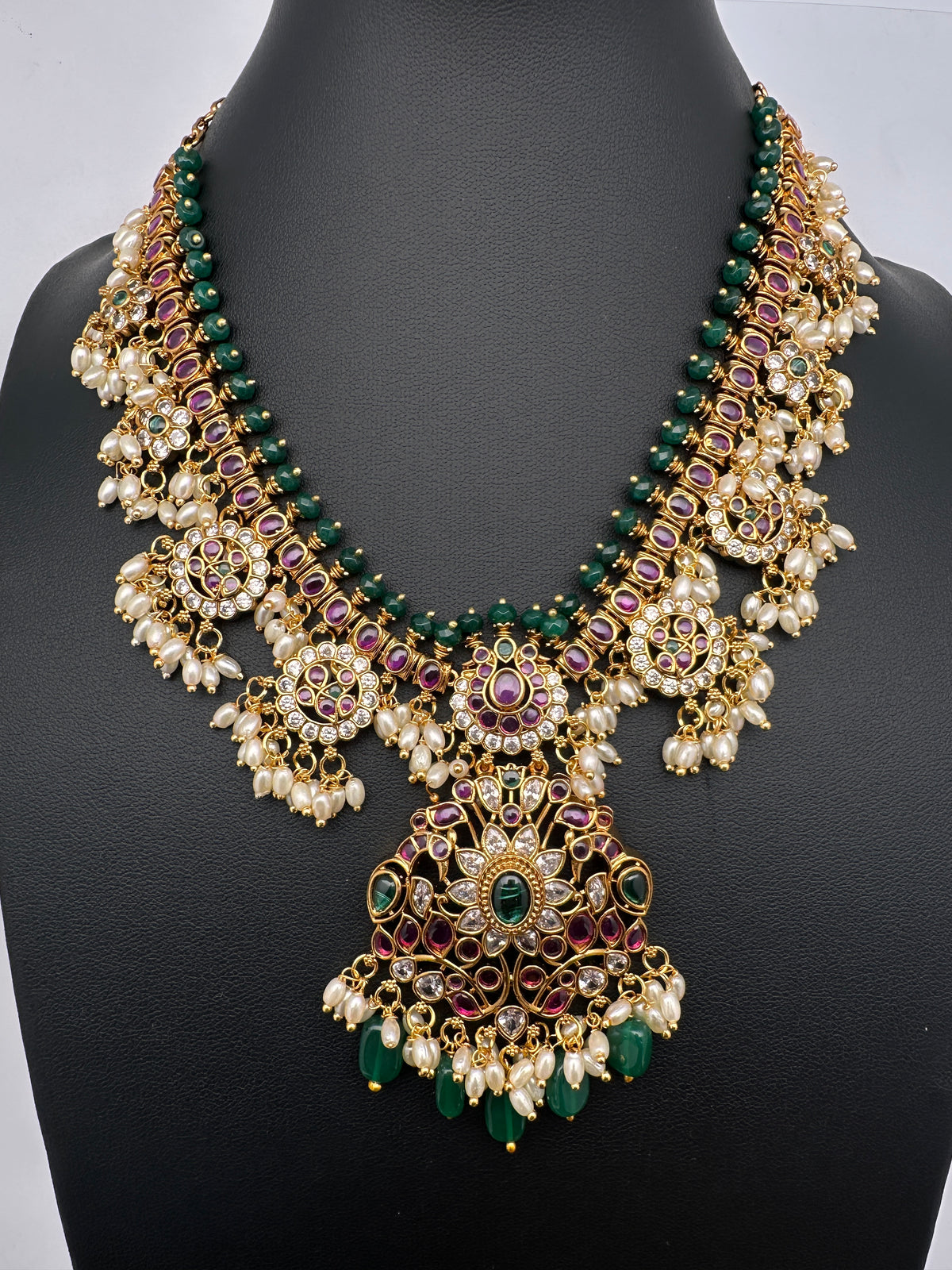 Rice Pearls Kempu Guttapusalu Short Necklace with Jhumkas Set with Earrings - TJS000919