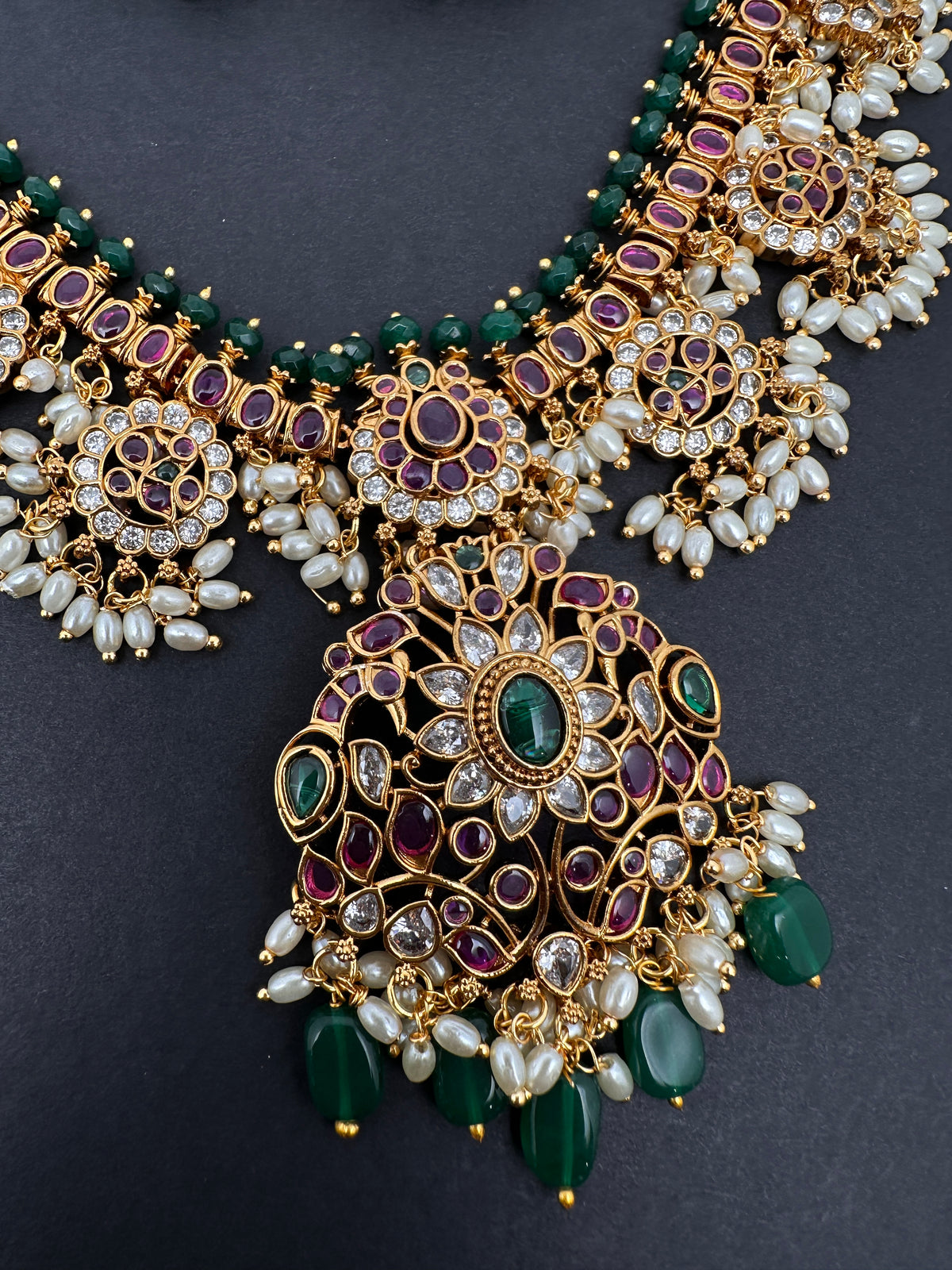 Rice Pearls Kempu Guttapusalu Short Necklace with Jhumkas Set with Earrings - TJS000919