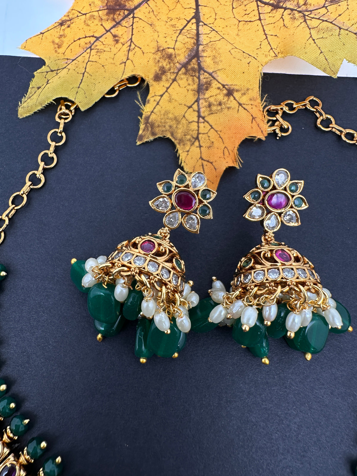 Rice Pearls Kempu Guttapusalu Short Necklace with Jhumkas Set with Earrings - TJS000919