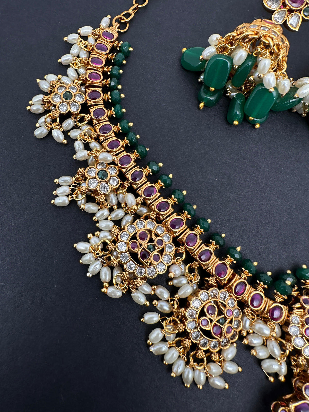 Rice Pearls Kempu Guttapusalu Short Necklace with Jhumkas Set with Earrings - TJS000919