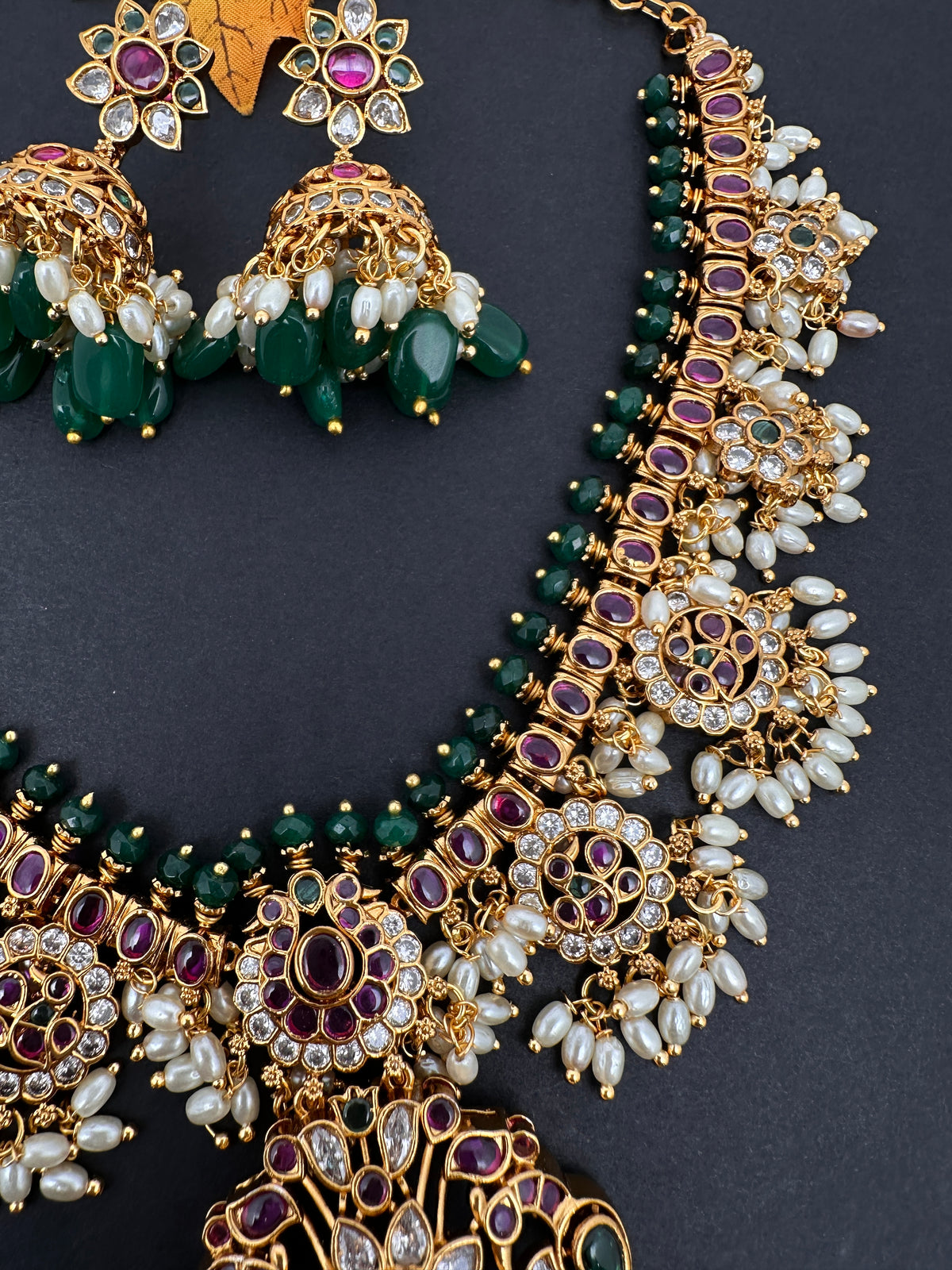 Rice Pearls Kempu Guttapusalu Short Necklace with Jhumkas Set with Earrings - TJS000919