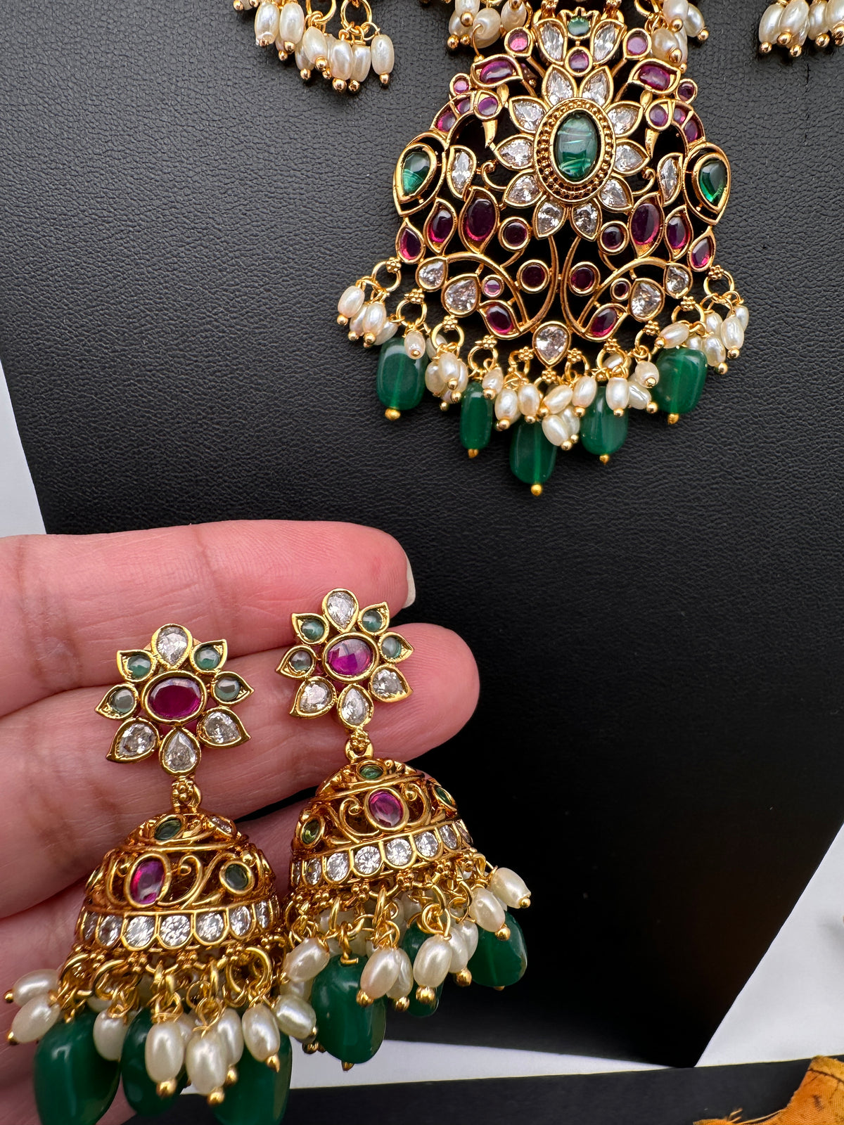 Rice Pearls Kempu Guttapusalu Short Necklace with Jhumkas Set with Earrings - TJS000919